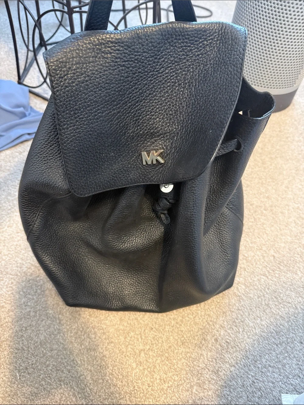 Michael Kors Black Pebbled Leather Drawstring Backpack with MK Logo